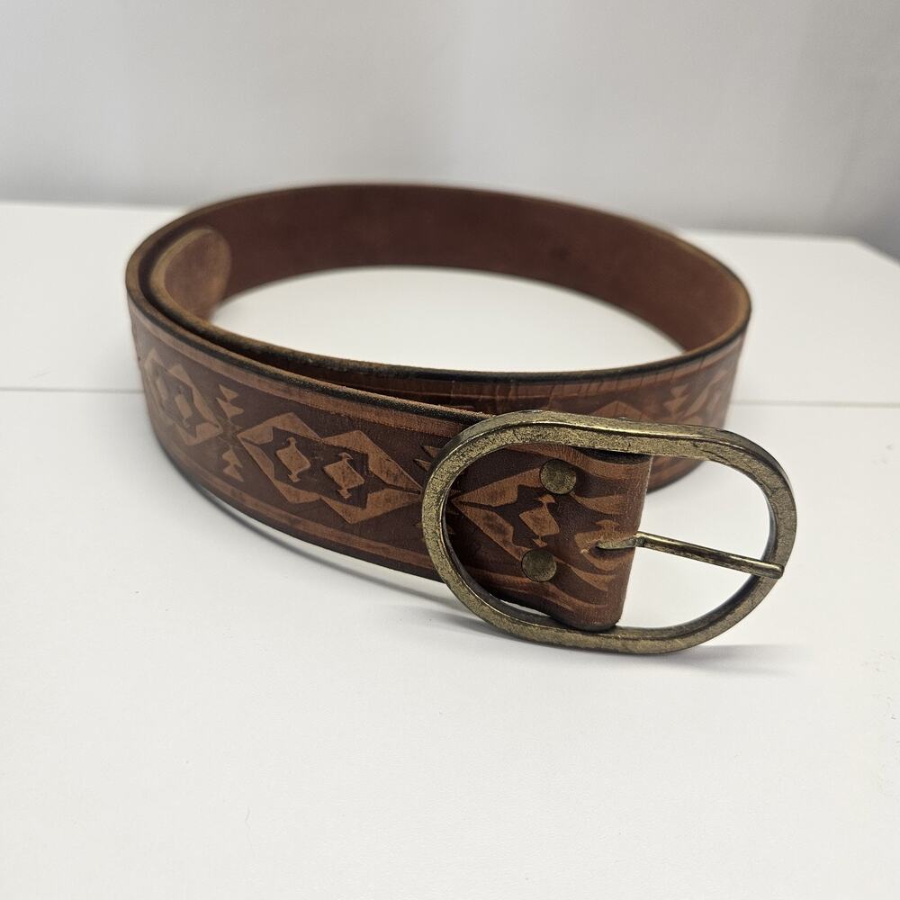 Leather LTD Tooled Leather Belt Size 34 Brown 1.75" Wide Western Vintage Rodeo